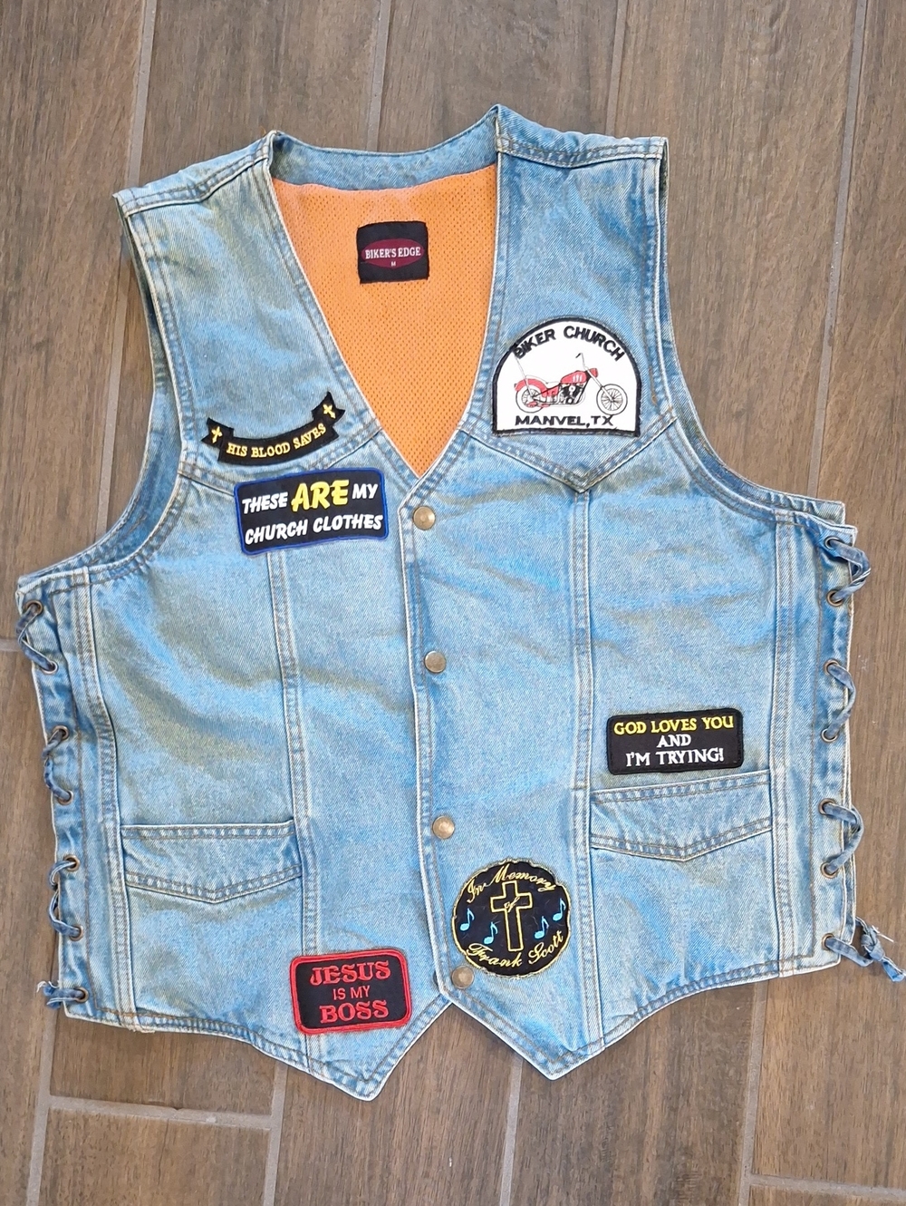 Biker's Edge Vintage Religious Patch Denim Vest With Lace-up Sides Size Medium